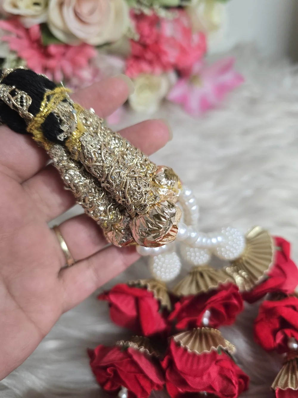 Handcrafted Black & Red Floral Braided Hair Accessory